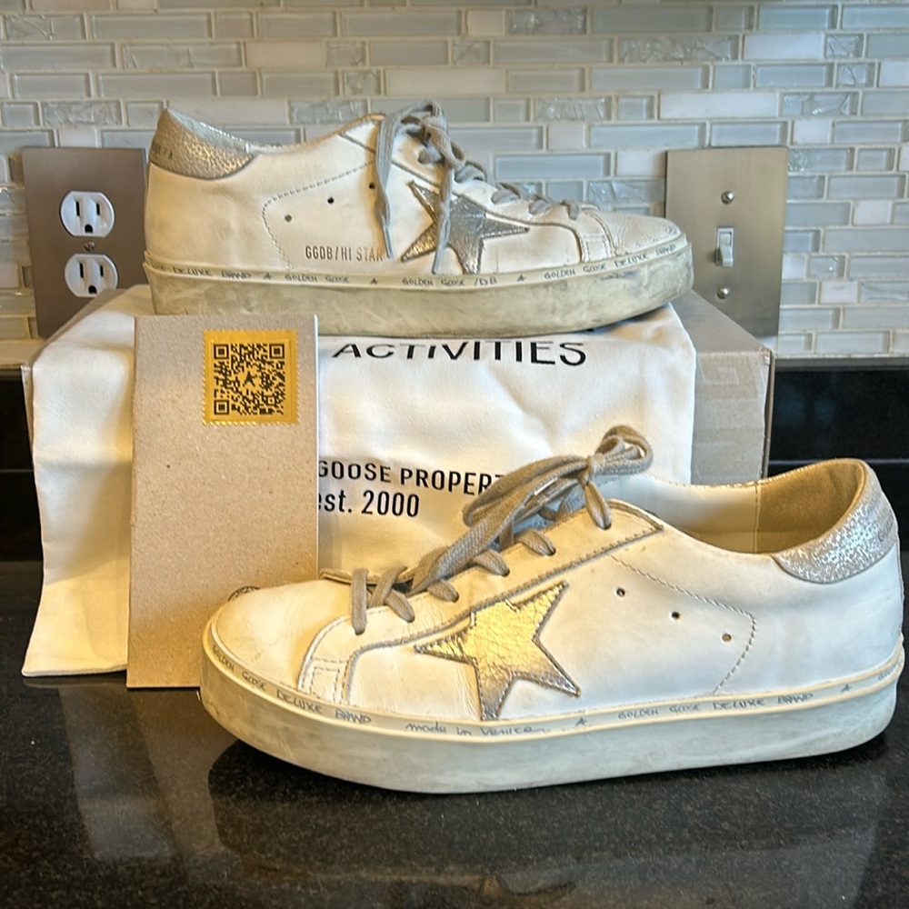 Size 39 Golden Goose Hi Star White and Silver
